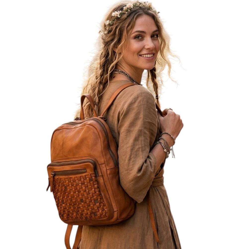 Harbour 2nd Zola Cognac Studded Woven Genuine Leather Dome Backpack Boho Indie